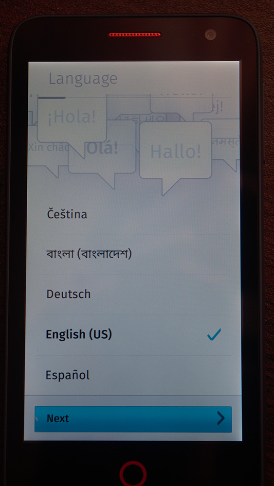 The first welcome screen of Firefox OS, selecting a language