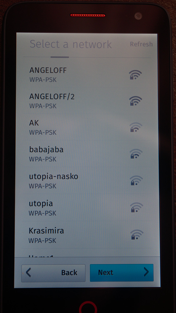 The second welcome screen of Firefox OS, selecting a wi-fi network